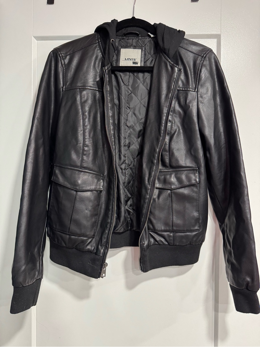Levi's Black Faux Leather Hooded Bomber Jacket